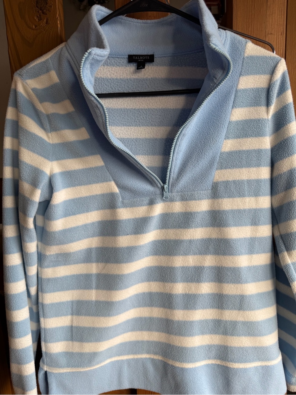 Talbots Petite Light Blue & White Striped Fleece Quarter-Zip